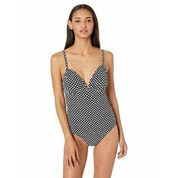 Jessica Simpson Scalloped Edge V-Wire One-Piece L Large Black White Dot New - Picture 1 of 7